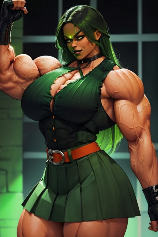 ((Close-up)), tall, (green hair) beautiful muscular woman, long curvy hair, brown skinned, large breast, closed smile, (black lipstick), (massive muscles), (hyper muscle), ((ginormous bulky muscles)), ((glowing orange eyes)), (((sleeveless black pleated shirt))), (((green long pleated skirt with belt))), (fingerless gloves), necktie, thigh highs, in a dark rooftop, 