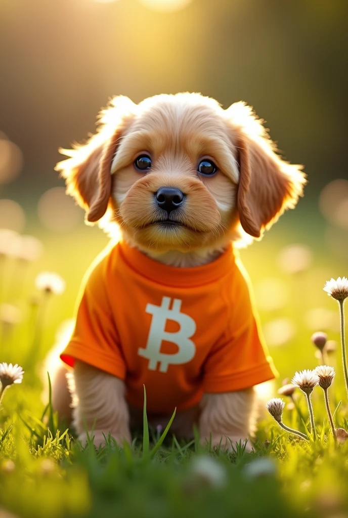 Create a puppy dressed in an orange shirt with the bitcoin symbol on the front of the shirt.