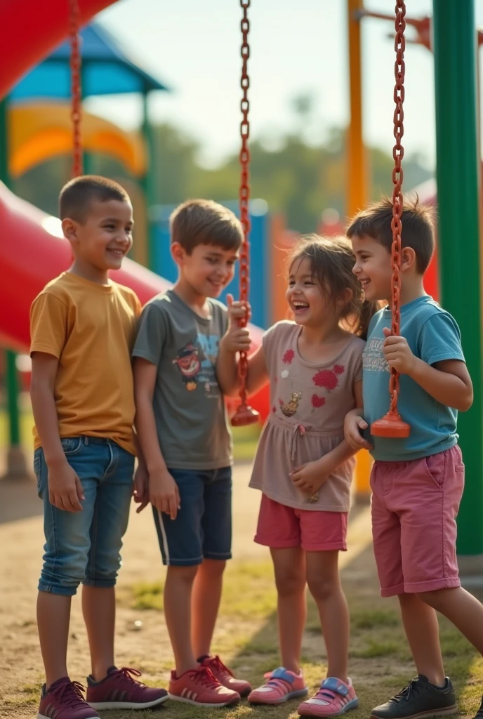 4 14yr old kids laughing with each other but one kid stay side in silent sad depressed mood looks in ground in ground 