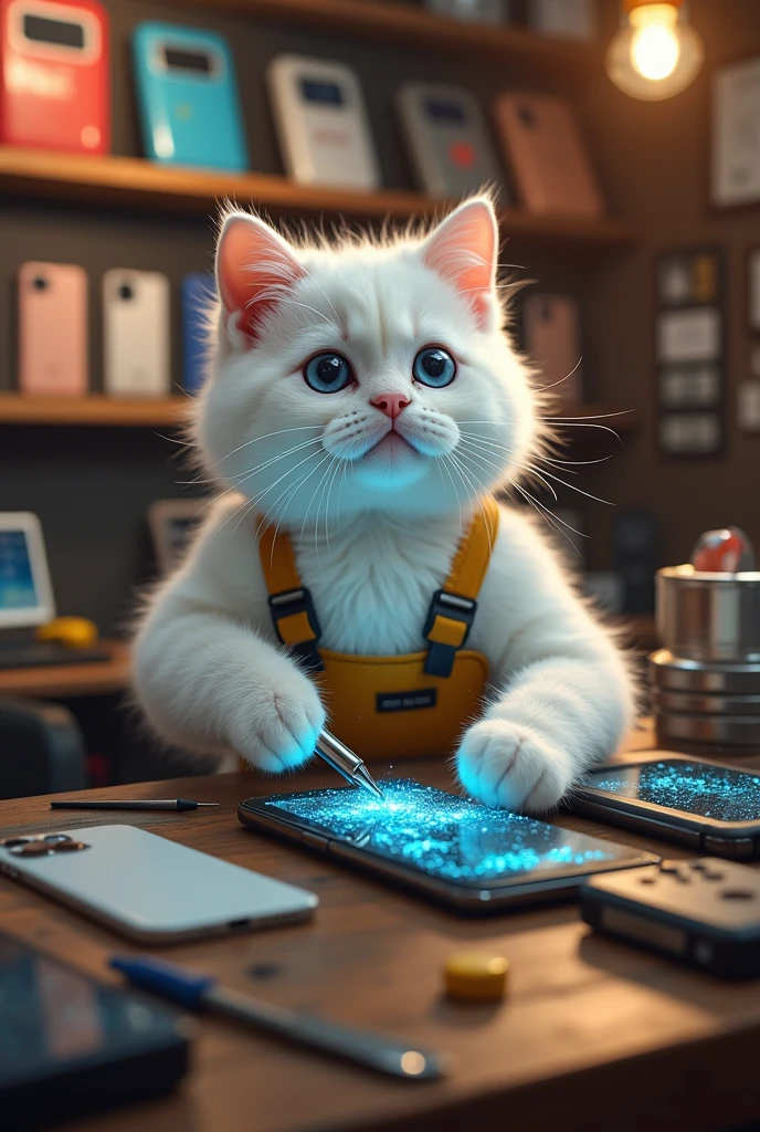 the white kitten Inside the shop, the repair cat, a skilled and cheerful technician, takes the phone and begins working on it. The kitten watches anxiously from the counter, its paws pressed together in hope. The repair cat expertly replaces the screen, showing the process in a montage of quick, precise movements. Finally, the phone is handed back, good as new, with a shiny, uncracked screen.