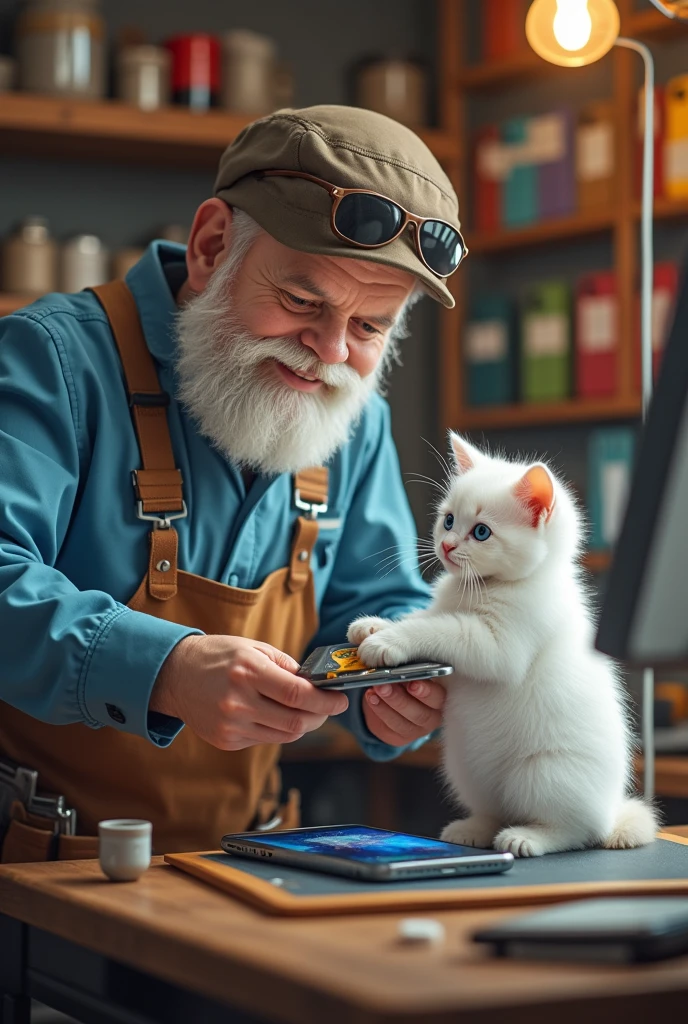 the white kitten Inside the shop, the repair cat, a skilled and cheerful technician, takes the phone and begins working on it. The kitten watches anxiously from the counter, its paws pressed together in hope. The repair cat expertly replaces the screen, showing the process in a montage of quick, precise movements. Finally, the phone is handed back, good as new, with a shiny, uncracked screen.