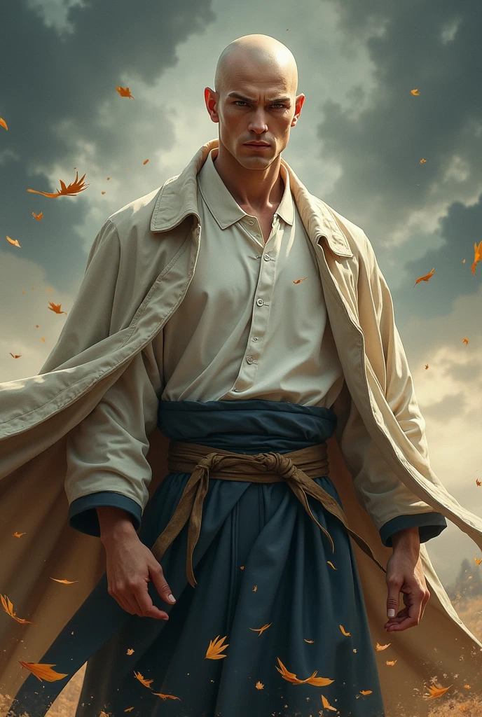 Cao Cao,blond with almost bald cut, black-eyed european ,with a white polo button-down shirt and a very loose coat on top , stark