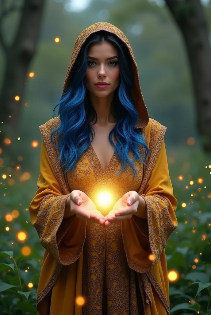 brunette woman. Looks 50 years old, Black hair highlighted with blue. Dressed in a golden hood with brown lace, around you shine small colorful fireflies, little fairies a magician doing magic with her hands from where they went a circular ball of light. The palms of the hands facing each other and the ball of light in between them. Healing love magic power.