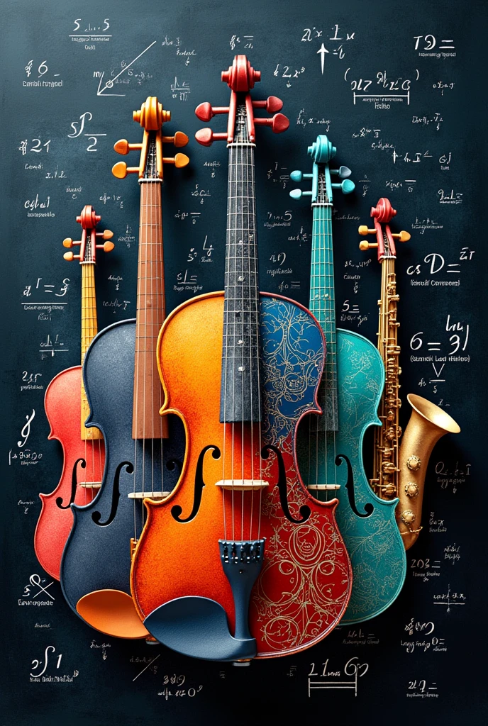 Image of a connection between mathematics and musical theory and music in general with instruments that highlight the mathematical theory more, that the musical theory is seen with equations and not so artificial, more mathematical.

