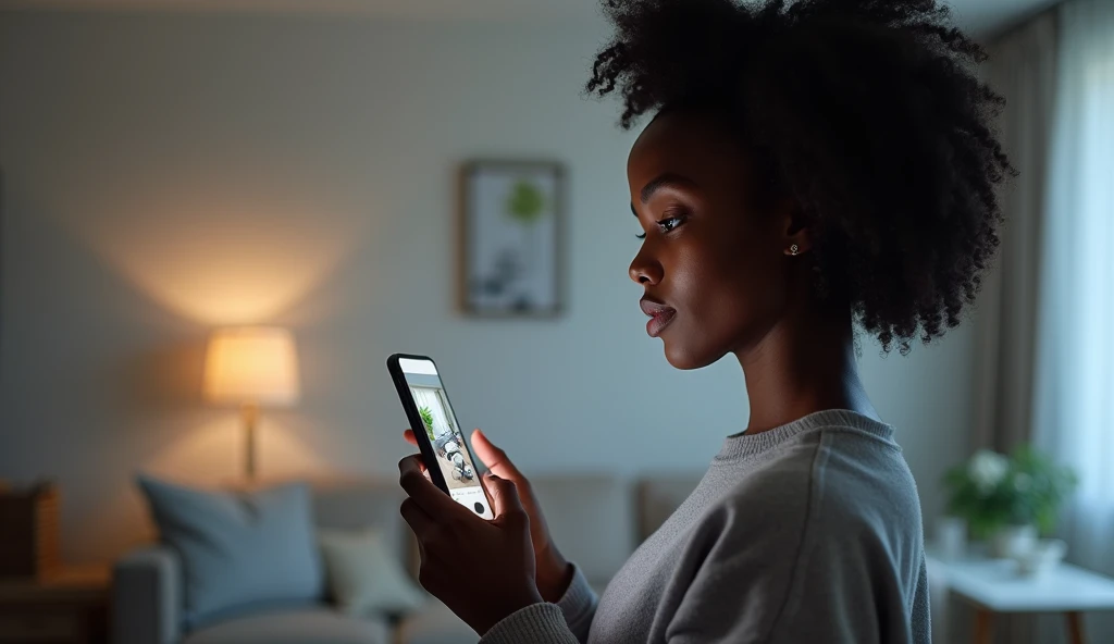Back woman, looking at the cell phone where an application is open that shows the view of a security camera where it is monitoring the room in your house. the background should be light gray.