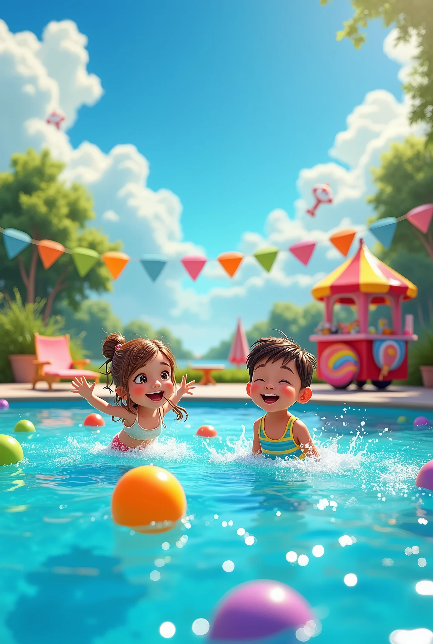 A summer pool, cheerful and bright with colorful buoys, popsicle cart, two ren playing happily inside the pool water in the foreground under a sunny sky (disney)