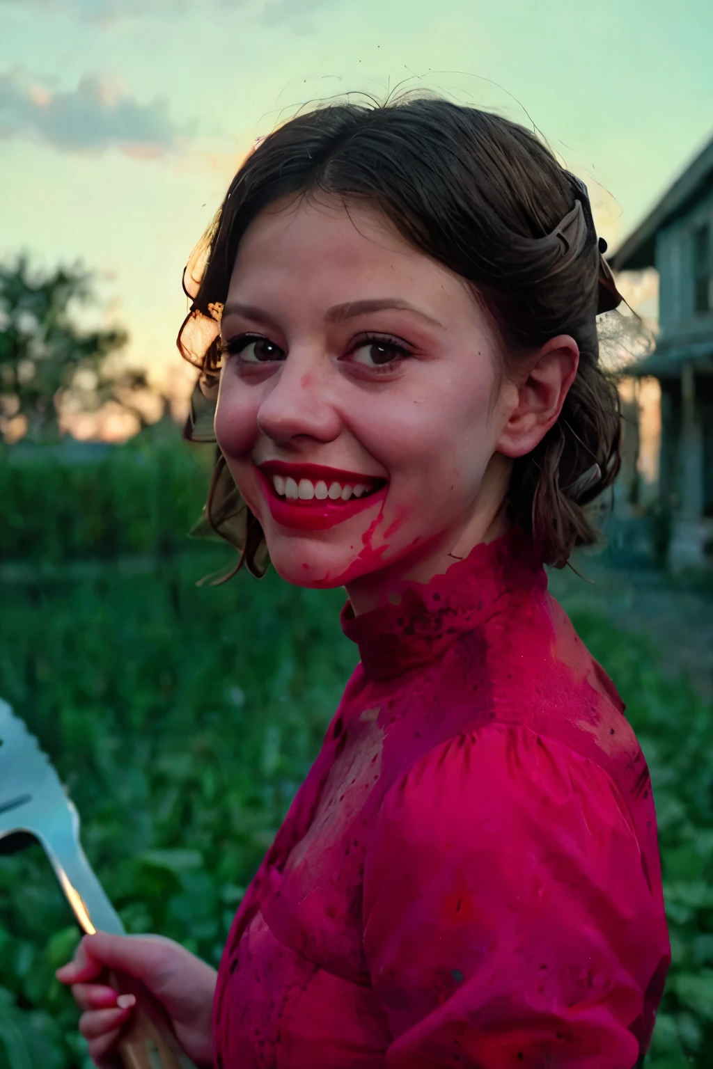 (Pearl from the A24 movie "Pearl", with a wide, unsettling smile on her face, psycho, blood splatter droplets on her face, holding an garden fork , wearing a red dress), standing in a dimly lit, eerie farmhouse setting, cinematic lighting, hyper-realistic style, high detail, dramatic shadows, (shallow depth of field), (moody color grading), (sharp focus), (tense atmosphere), (vintage film grain), (portrait photography style), (emphasizing her wide grin and blood), dark background, (masterpiece: 2), best quality, ultra highres, original, extremely detailed, perfect lighting
