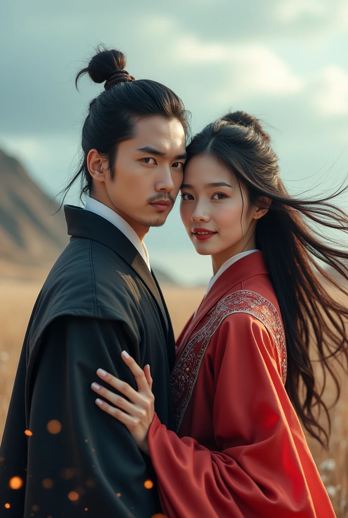 professional photo, portrait of a handsome 19 year old Korean man with hair in a bun, wearing a sninobi costume complete with , with his mouth covered in a black veil, red eyes on the right side and blue on the left side standing with a sharp gaze, behind his back is a katana sword, standing with a beautiful woman with long, flowing hair, a charming face, luscious red lips, beautiful eyes of the same color, wearing the same costume, complete with an iron-armor visor, her loose hair flying in the gentle breeze, the beautiful woman smiled sincerely with one hand. holding the man's shoulder, the background is a barren field with a high hill behind them, the picture is very realistic, with the effects of sparks and wind and flying dust, the picture has a slight 3-dimensional touch, very interesting, extraordinary picture, cinematic , photographic