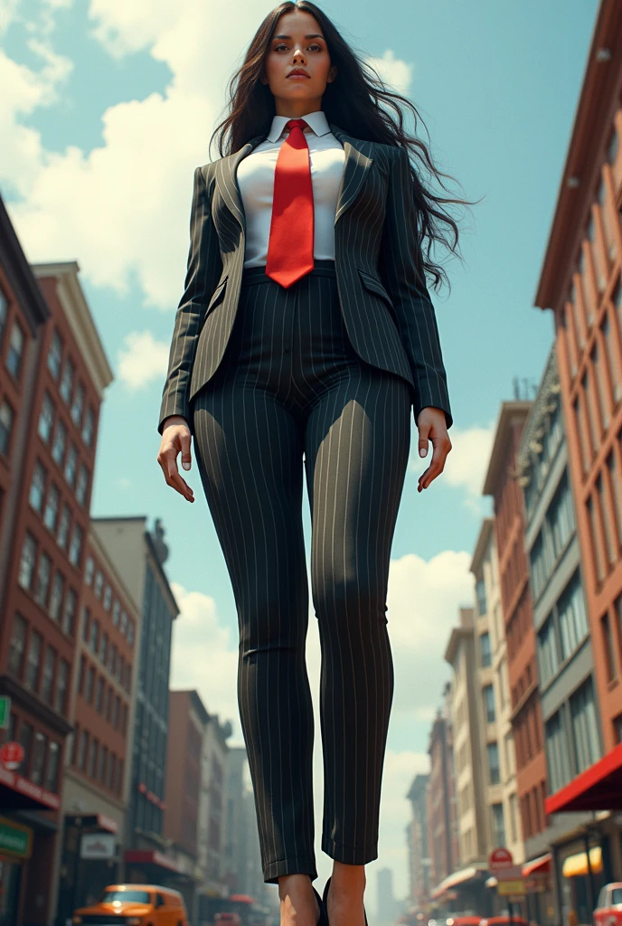 Highly detailed Giantess, Giant, long hair, 10 mile tall, big breasts, curvy, pinstriped suit, white shirt, large wide red tie, high heels, full body description, ＧＴＳ, Giga Goddess, micro city, High resolution, highest quality, masterpiece, 
