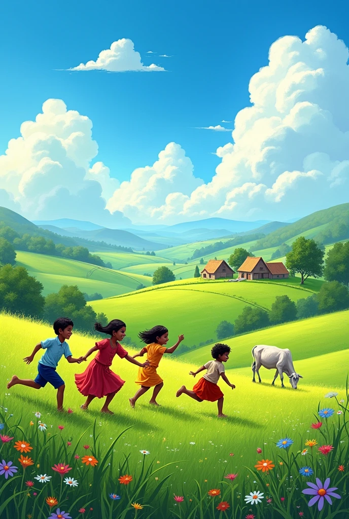 A beautiful Indian countryside.  Children are playing in the field . The sky is blue there are houses far away and cows grazing. 