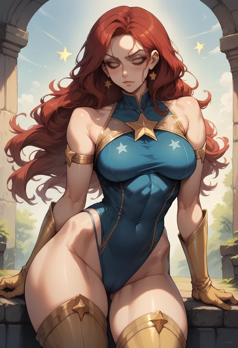 score_9, score_8_up, score_7_up, score_6_up, score_5_up, score_4_up, y, Superheroine, Red hair, long hair, bus(blue highleg leotard with a t-back thong and a gold star insignia on chest)), gold boots, gold gloves, flirty