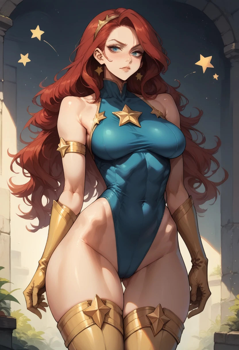 score_9, score_8_up, score_7_up, score_6_up, score_5_up, score_4_up, Sexy, Superheroine, Red hair, long hair, busty, ((blue highleg leotard with a t-back thong and a gold star insignia on chest)), gold boots, gold gloves, flirty