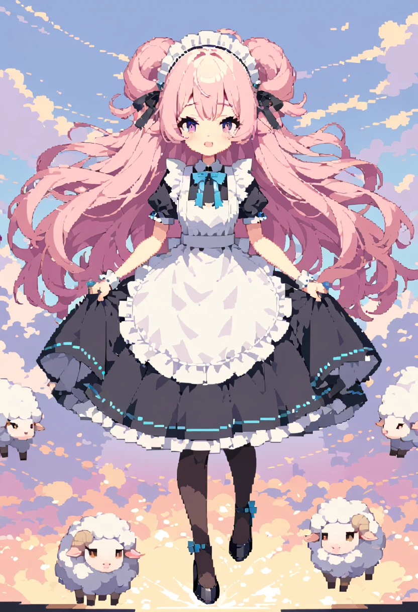 masterpiece, Highest quality, 8k, Beautiful pixel art, Vivid, Sheep, young woman, Open your mouth, ((Fluffy hair)), Long Hair, Hair like sheep's hair, Pink Hair, eyebrow, 太いeyebrow大きな目の人形1体，Maid clothes，pantyhose，Heel