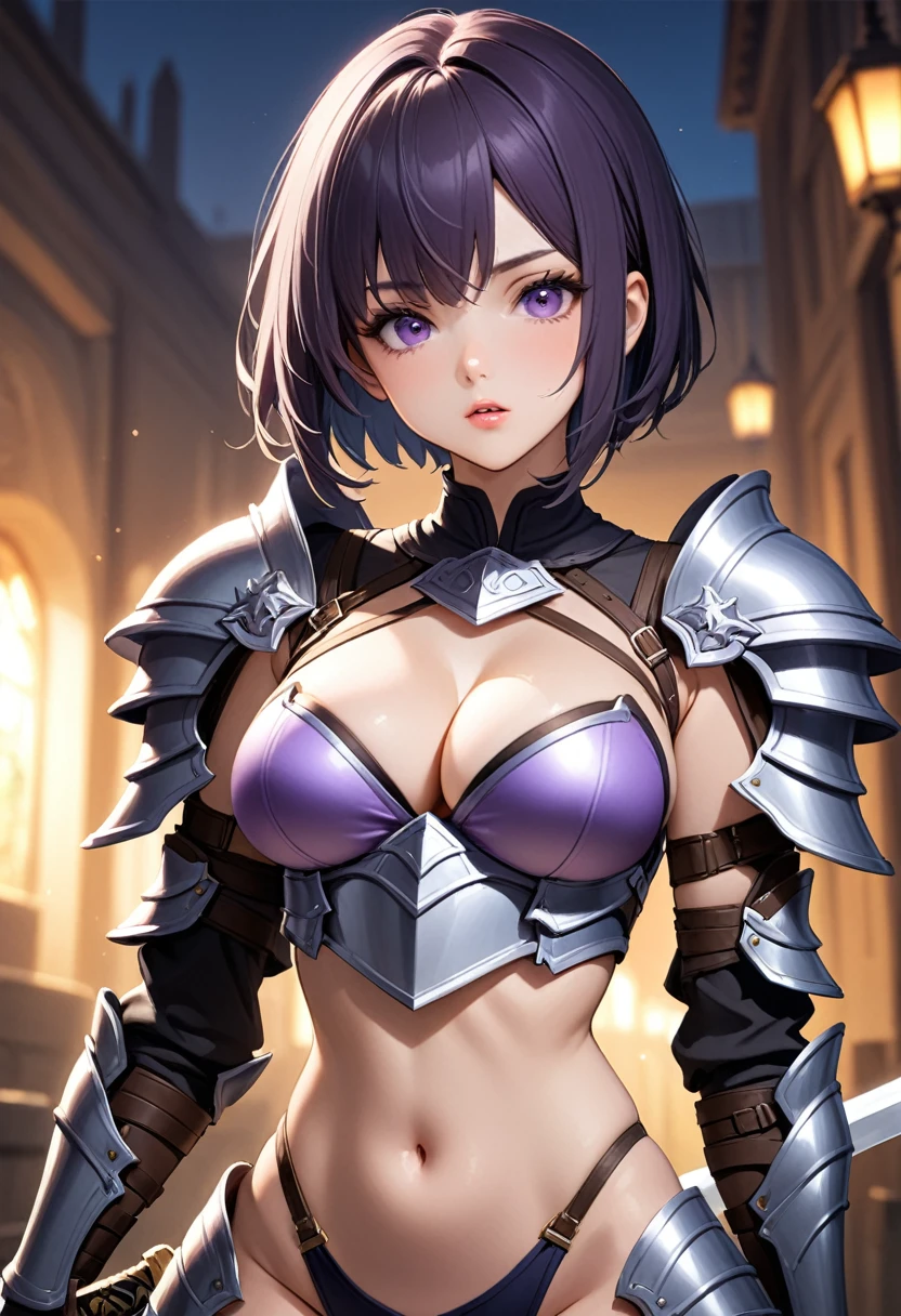 1girl, breasts, holding sword, short hair, cleavage, navel, solo, cellphone, looking at viewer, parted lips, highleg, purple eyes, armor, bangs, blurry, shoulder armor, gloves,