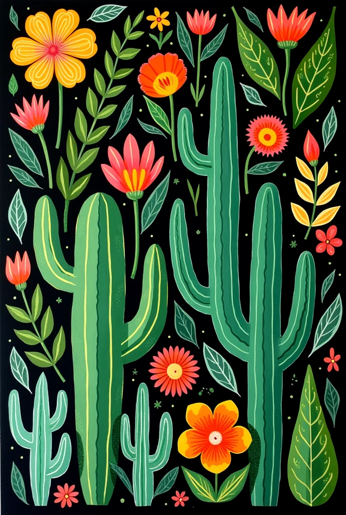 black background with a pattern of colorful figures and flowers, mostly green, Mexican style, that are not cacti or people