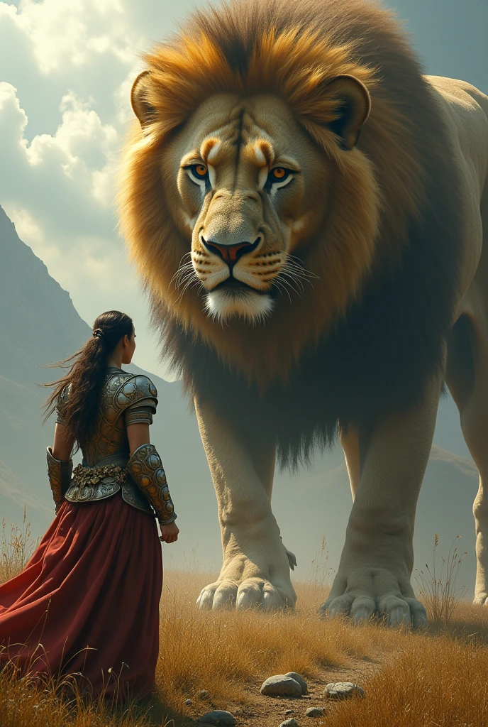  A female warrior with a worried expression facing a giant lion, representing the daily challenges. The lion may look fierce, while the woman is alone, symbolizing the constant struggle.