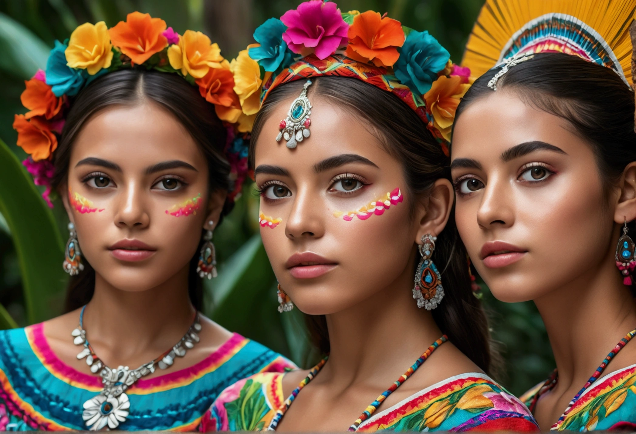 4 beautiful mexico girls, beautiful detailed eyes, beautiful detailed lips, extremely detailed eyes and face, long eyelashes, athletic athletic bodies, colorful traditional mexico dresses, tropical garden background, (best quality,4k,8k,highres,masterpiece:1.2),ultra-detailed,(realistic,photorealistic,photo-realistic:1.37),vibrant colors,natural lighting,cinematic composition,intricate details,highly detailed facial features