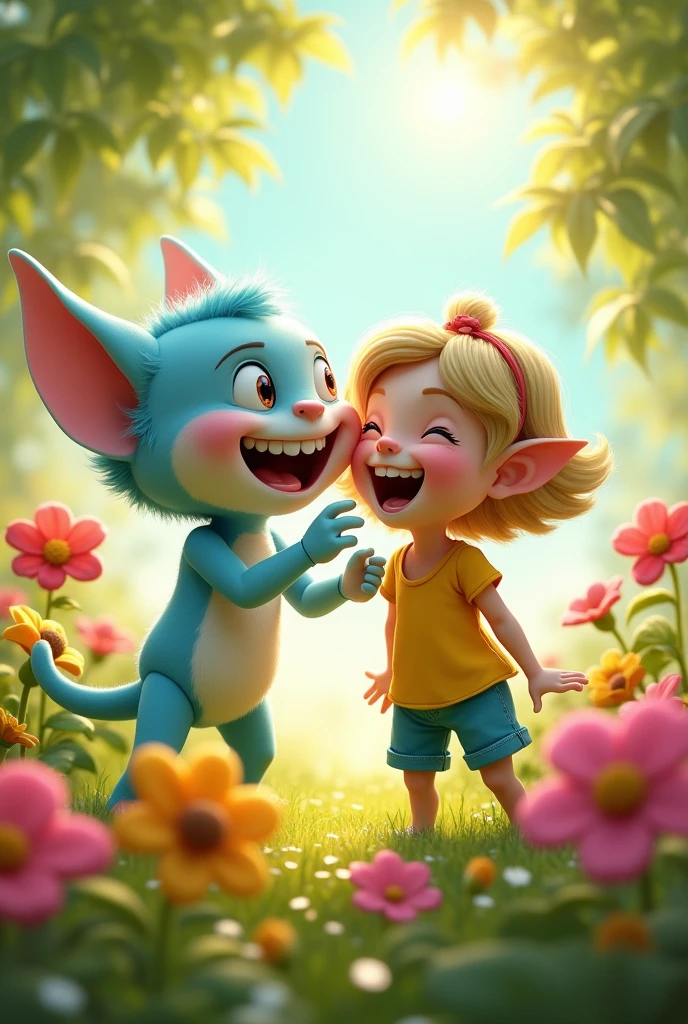 an light blue man cheering girl and he pinch her cheeks