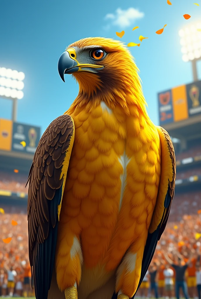 Yellow hawk animal from championship team standing facing camera and looking to the side 
