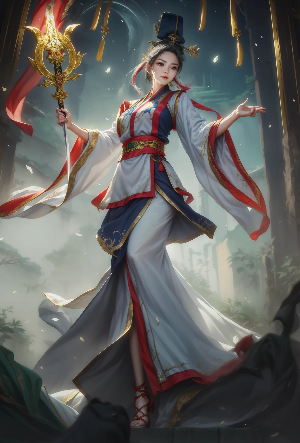 (masterpiece),Realism,Character portraits, panoramic,((whole body)),swordsman,Chinese style martial arts,Best quality,Detailed face,Smile,Meticulous attention to detail,Depth of Field,Beautiful and delicate eyes,Facing the audience,Looking at the audience,1 Girl,Holding a long sword,Breast augmentation,女swordsman身银色鳞甲,Gray-green robe,Silver Scale Bracers,Silver Scale Boots,Embroidered cloth shoes,Large long sleeves,