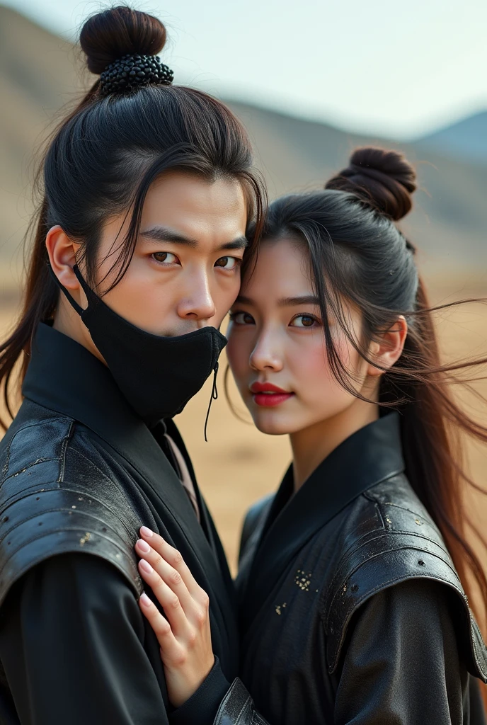 
professional photo, portrait of a handsome 19 year old Korean man with hair in a bun, wearing a sninobi costume complete with , with his mouth covered in a black veil, red eyes on the right side and blue on the left side standing with a sharp gaze, behind his back is a katana sword, standing with a beautiful woman with long, flowing hair, a charming face, luscious red lips, beautiful eyes of the same color, wearing the same costume, complete with an iron-armor visor, her loose hair flying in the gentle breeze, the beautiful woman smiled sincerely with one hand. holding the man's shoulder, the background is a barren field with a high hill behind them, the picture is very realistic, with the effects of sparks and wind and flying dust, the picture has a slight 3-dimensional touch, very interesting, extraordinary picture, cinematic , photographic