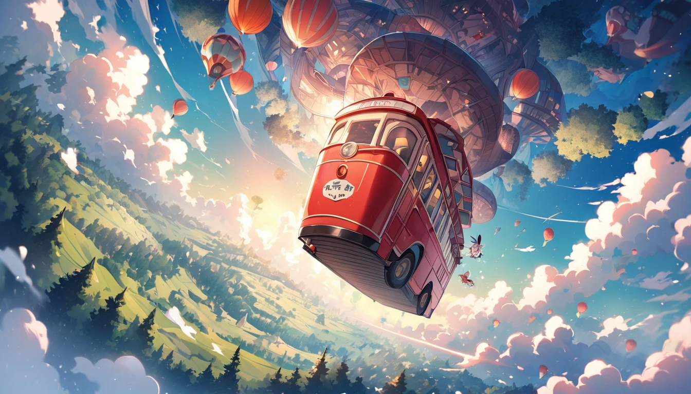 fantasy world, one red bus flying in the sky, the beautiful forest below, beautful backround, top view, flying very high in the sky,