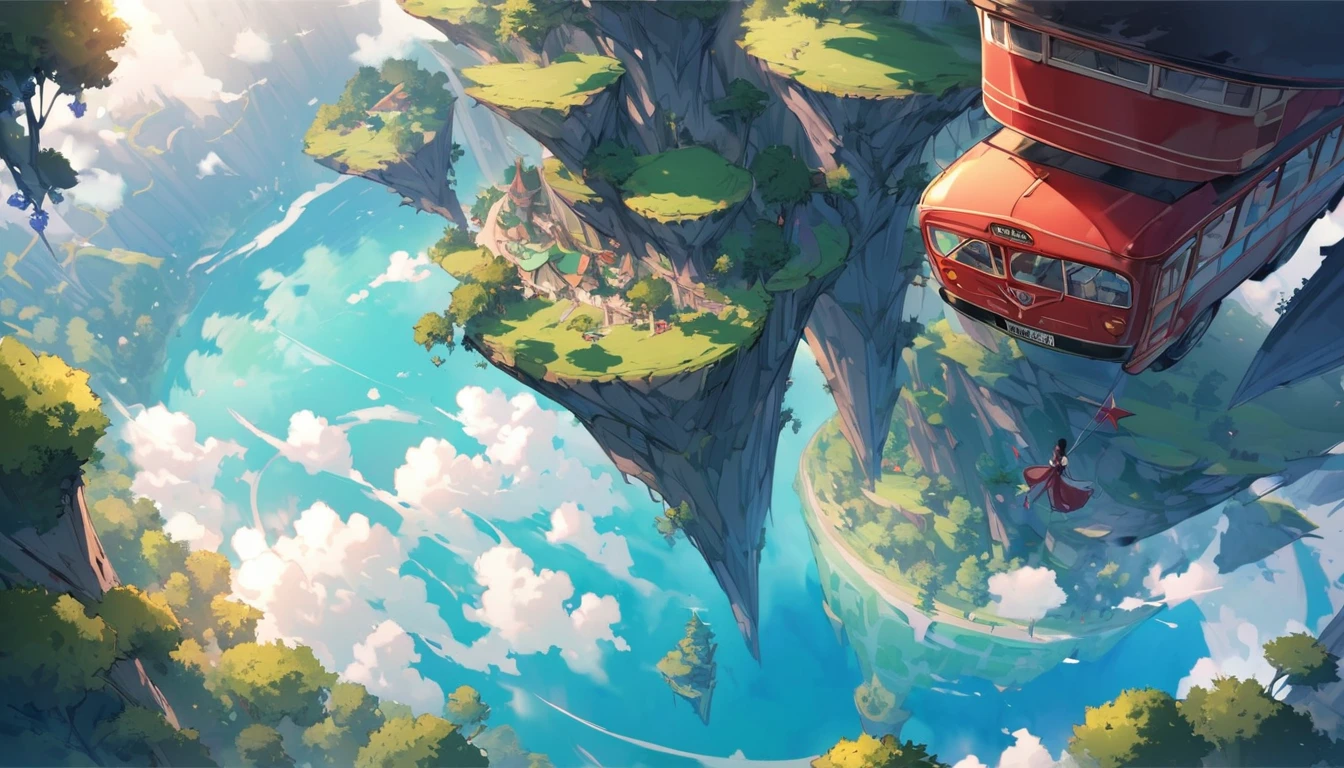 fantasy world, one red bus flying in the sky, the beautiful forest below, beautful backround, top view, flying very high in the sky,