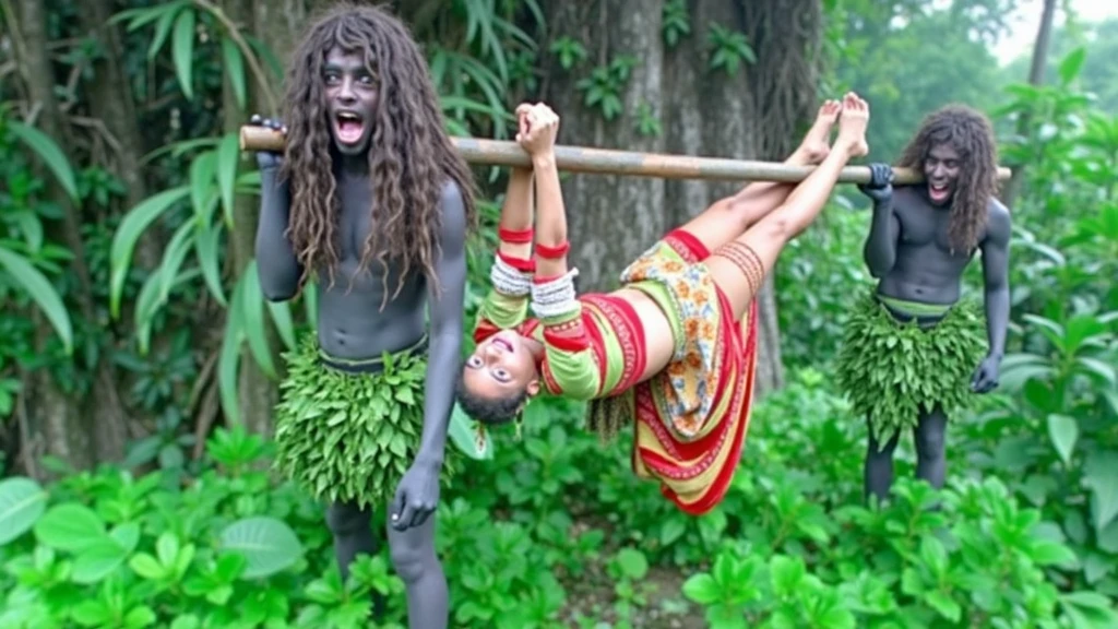 two wild-looking individuals, with bodies painted black and covered in leaves, carrying a woman on a wooden bar. The woman is tied upside down, wearing colorful clothing that appears to be traditional or cultural, with ornaments on her arms. The scene takes place in a dense forest, with many green plants around. Both individuals have exaggerated facial expressions, with open mouths, which could indicate that they are shouting or vocalizing something. The composition of the image suggests a tense or dramatic situation, perhaps staged for a film or artistic performance.