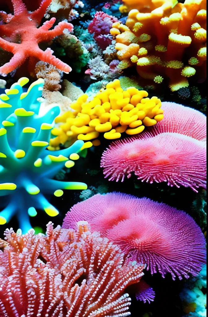 yellow sponges on a coral reef with a fish in the background, sea sponges, sponge, colorful coral, beautiful colorful corals, nice deep colours, corals, vivid colors!, nice colors, harmony of neon glowing coral, spongy, coral, vibrant corals, bolts of bright yellow fish, reefs, color”, great colors, vivid colors!!, underwater life