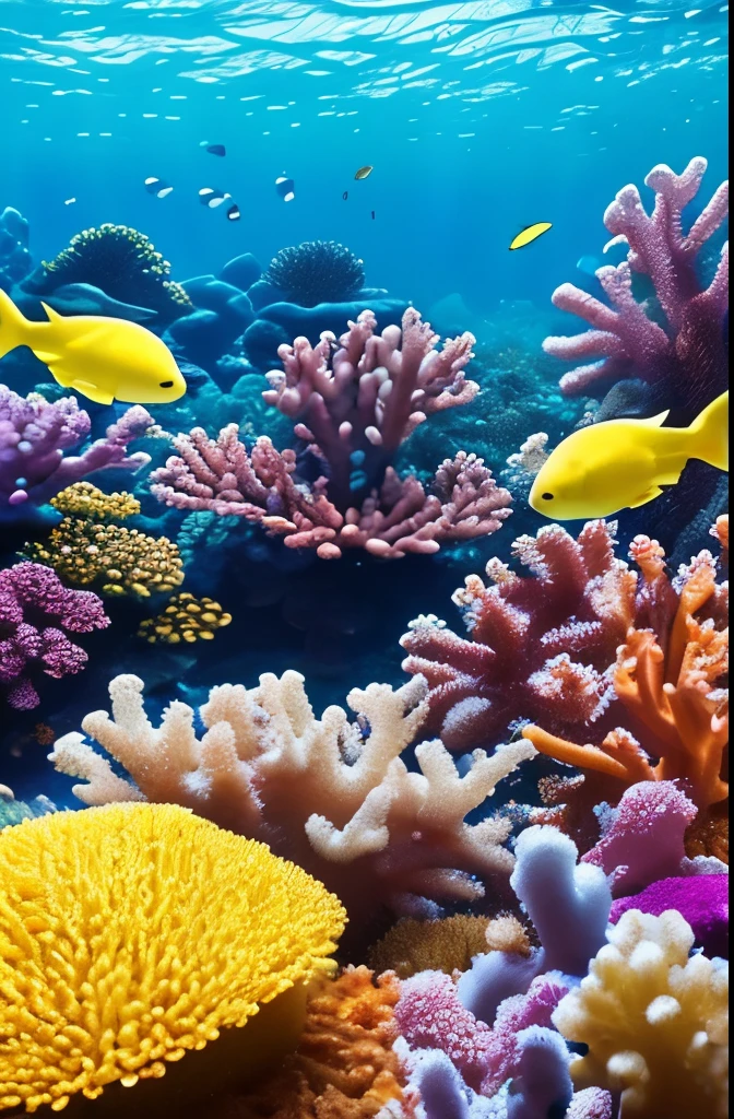 yellow sponges on a coral reef with a fish in the background, sea sponges, sponge, colorful coral, beautiful colorful corals, nice deep colours, corals, vivid colors!, nice colors, harmony of neon glowing coral, spongy, coral, vibrant corals, bolts of bright yellow fish, reefs, color”, great colors, vivid colors!!, underwater life