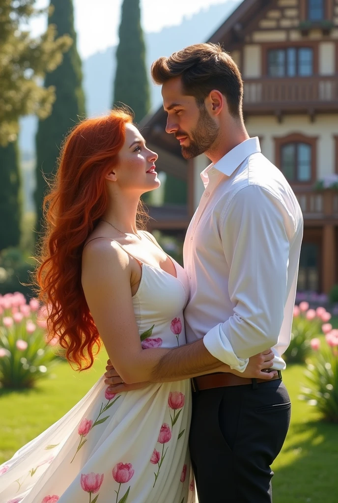 A curvy woman with big hips and small breasts, she is beautiful at 19 years old, with her long red hair and cheeks full of freckles and red.. Dressed in a white dress with pink tulip design.
A handsome man of 38 years old with short, dark blonde hair, Striking green eyes, his sculpted jaw and stubble he is handsome with black dress pants and a white button-down shirt.
They are facing each other and in the background there is a large and beautiful chalet.