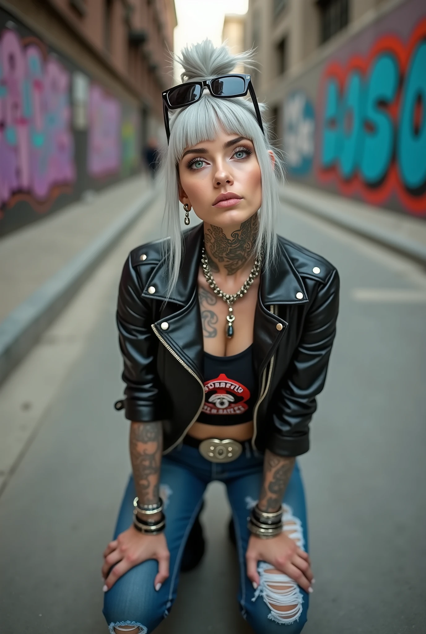 russian old woman, grey hair (top bun, shaved sides) and sunglasses as headband (big maxi sunglasses), with very light blue eyes, extremely pale. Wearing cropped black moto jacket with lots of zippers and badges on jacket flaps, cropped t-shirt with big motorcycle club logo, dark blue jeans with holes and pointy Chelsea boots with cuban heels . Silicone breats of metallic bracelets, long pendants and lots of collars. Tacky leather belt with oversized chanel buckle. Long earrings. Kneeling, looking at the camera, tilted head, eyes and mouth wide open in amazement. Hands on her knees, toned abdominals, thin legs and thin arms. Tattoed chest, hands and arms.