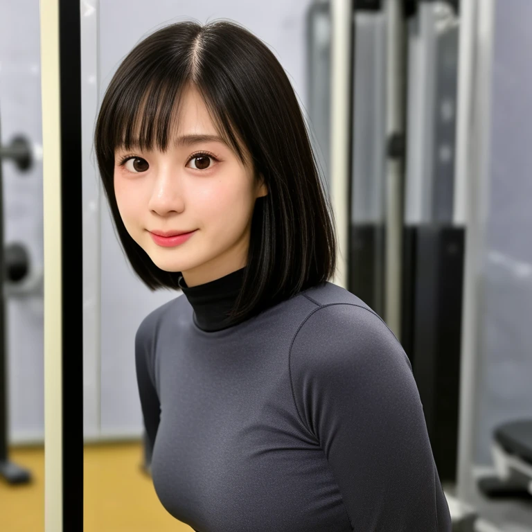 (kawaii 24 year-old Japanese girl, Nogizaka idol, Korean idol), healthy female athlete body, (glossy black hair, short hair, pixie cut, bangs:1.3), (rounded face, pure black eyes, single eyelid, no makeup, soft smile:1.2), (wearing training shirt, grey sports leggings:1.3), extra small breasts, well shaped hip, (slim waist, thigh gap:0.9), BREAK, (sports gym background:1.3), (looking at viewer, dynamic angle, close shot:1.2), BREAK, (masterpiece, best quality, photo realistic, official art:1.4), (UHD, 8K quality wallpaper, high resolution, raw photo, golden ratio:1.3), (shiny skin), professional lighting, physically based rendering, award winning, (highly detailed skin, extremely detailed face and eyes, anatomically correct body), Carl Zeiss 85 mm F/1.4, depth of field, 1girl, solo,