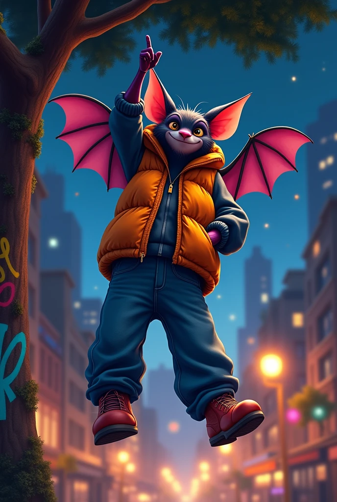 Bat wearing baggy jeans ,a North Face vest and Vans brand shoes 