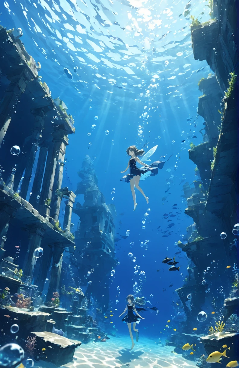 Fairy、Underwater walking,Underwater Walking、Underwater swimming、超High resolution, High resolution, 4K, 8k,close,cute,Sunken Ruins、Girl in the H2o、surrounded by bubbles、A world of deep blue、 work in deep blue tones