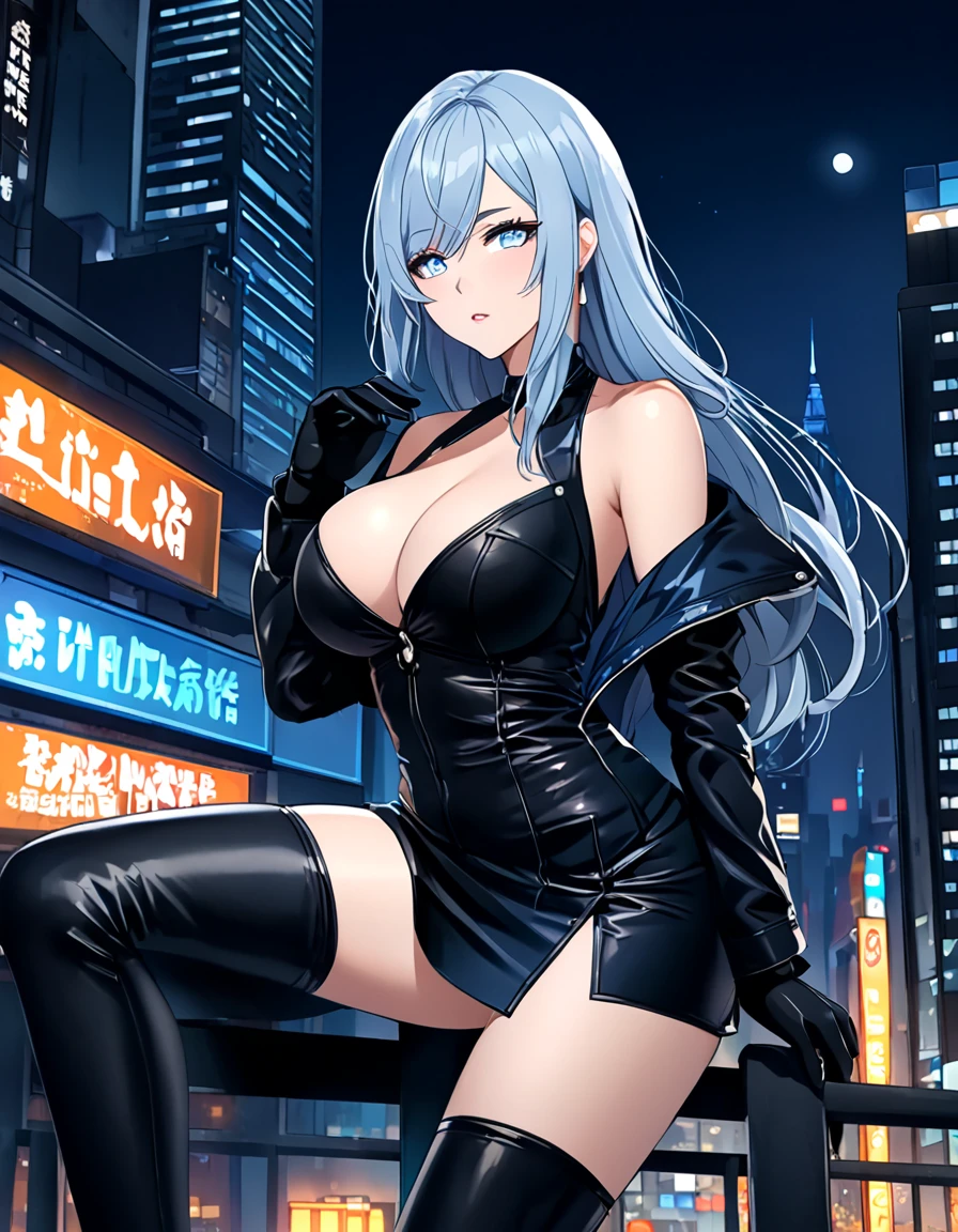 Highest quality、Highest quality、1 female, 25 years old、Blue silver hair、Long Hair、Bangs crossed、Blue Eyes、Hanging eyes、Black suit、Black gloves、Leather-look mini skirt、Knee-high boots、Expressionless、Big Breasts、Sexy pose、Model pose、Shoulder Bare、Belly button、Low rise、Night City