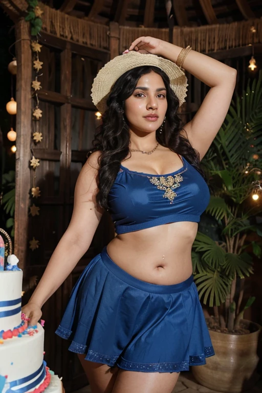 A beautiful middle age indian sunny plus size,curly black hair,wearing big locket and conic birthday hat on head,wearing deep blue party short blouse and deep blue short petticoat,bare belly exposed,background in a birthday party of sunny leone,a big cake infront,her hands upward,seductive sexy