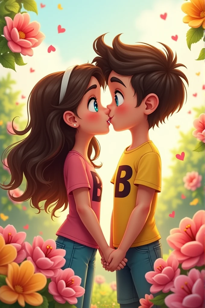 Cartoon beautiful girl and handsome boy close kissing. Boy wearing t shirt printed letter I girl wearing tshirt printed letter B on flower background