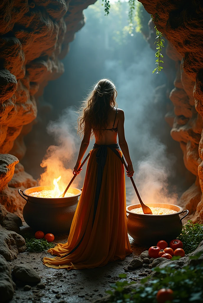Woman in a food metamorphosis cooking in a cave