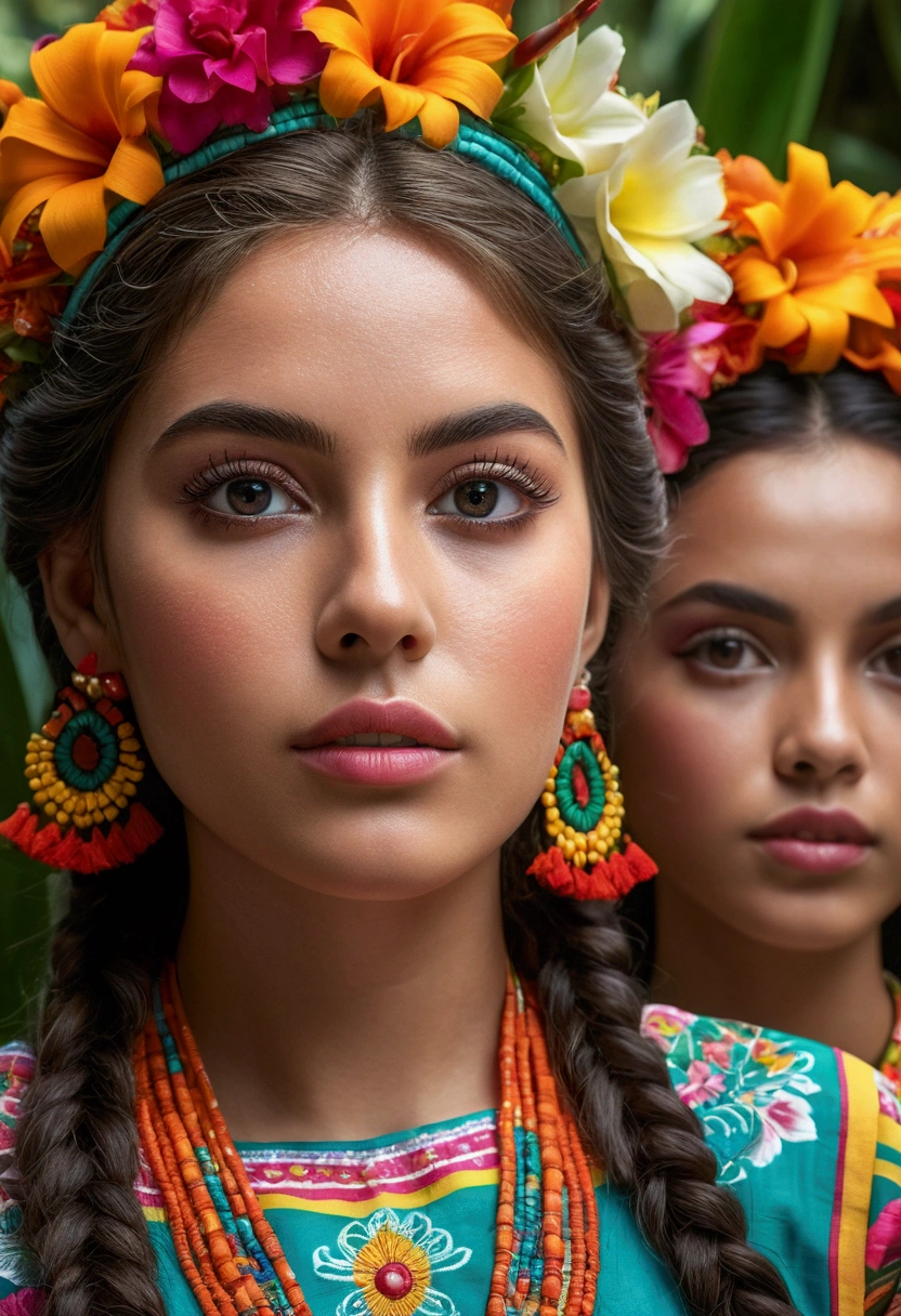 4 beautiful mexico girls, beautiful detailed eyes, beautiful detailed lips, extremely detailed eyes and face, long eyelashes, athletic athletic bodies, colorful traditional mexico dresses, tropical garden background, (best quality,4k,8k,highres,masterpiece:1.2),ultra-detailed,(realistic,photorealistic,photo-realistic:1.37),vibrant colors,natural lighting,cinematic composition,intricate details,highly detailed facial features, close up of 4 girls