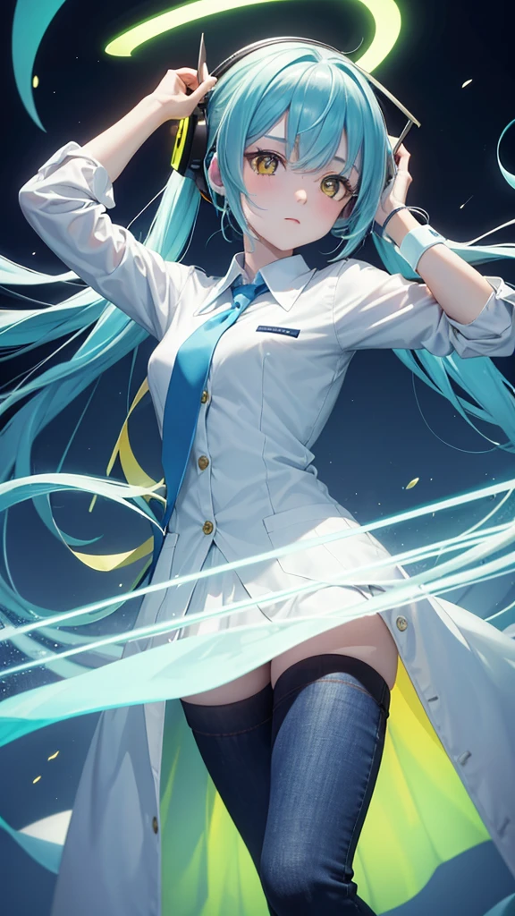 Masterpiece, best quality, manga, Lineartdrawing, pixiv, 1 girl, staking lights, pcpcpc, flat illustration, high resolution, high contrast, anime, 1 girl, white lab coat, holding bright yellow light stick, bright rays coming out, goggles on head, looking up, holding, yellow eyes, square eyes, hime cut, Hatsune Miku, one arm raised, blue jean, blushing, deadpan, blank expression, pale skin, simple tone, neon