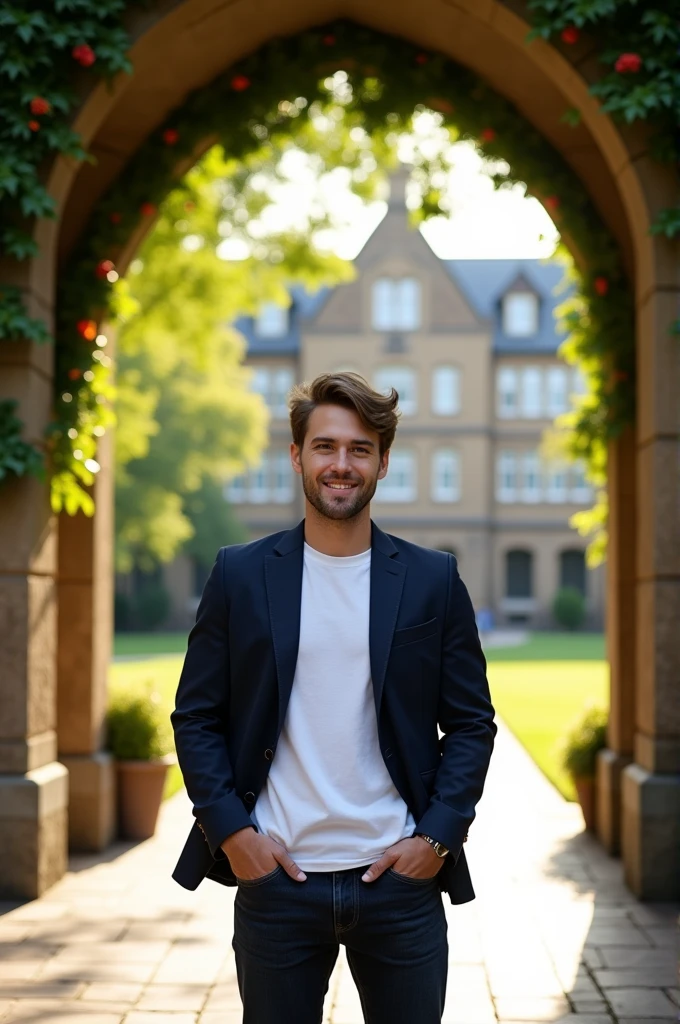 Handsome boy college outdoor gate entry
