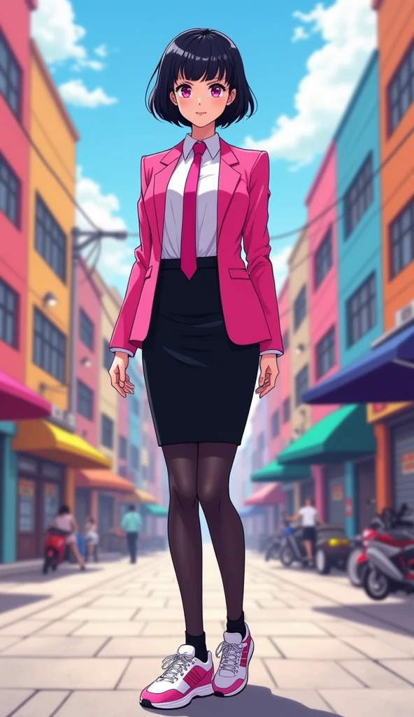 The young woman short black hair and pink eyes wear a pink suit, white shirt, magenta necktie, black pencil skirt, black underpants, black tights, black socks, adidas white pink sneakers.

She wears the glasses, Her eyes are dazzled and smiled, cartoon novel, 4K, HD