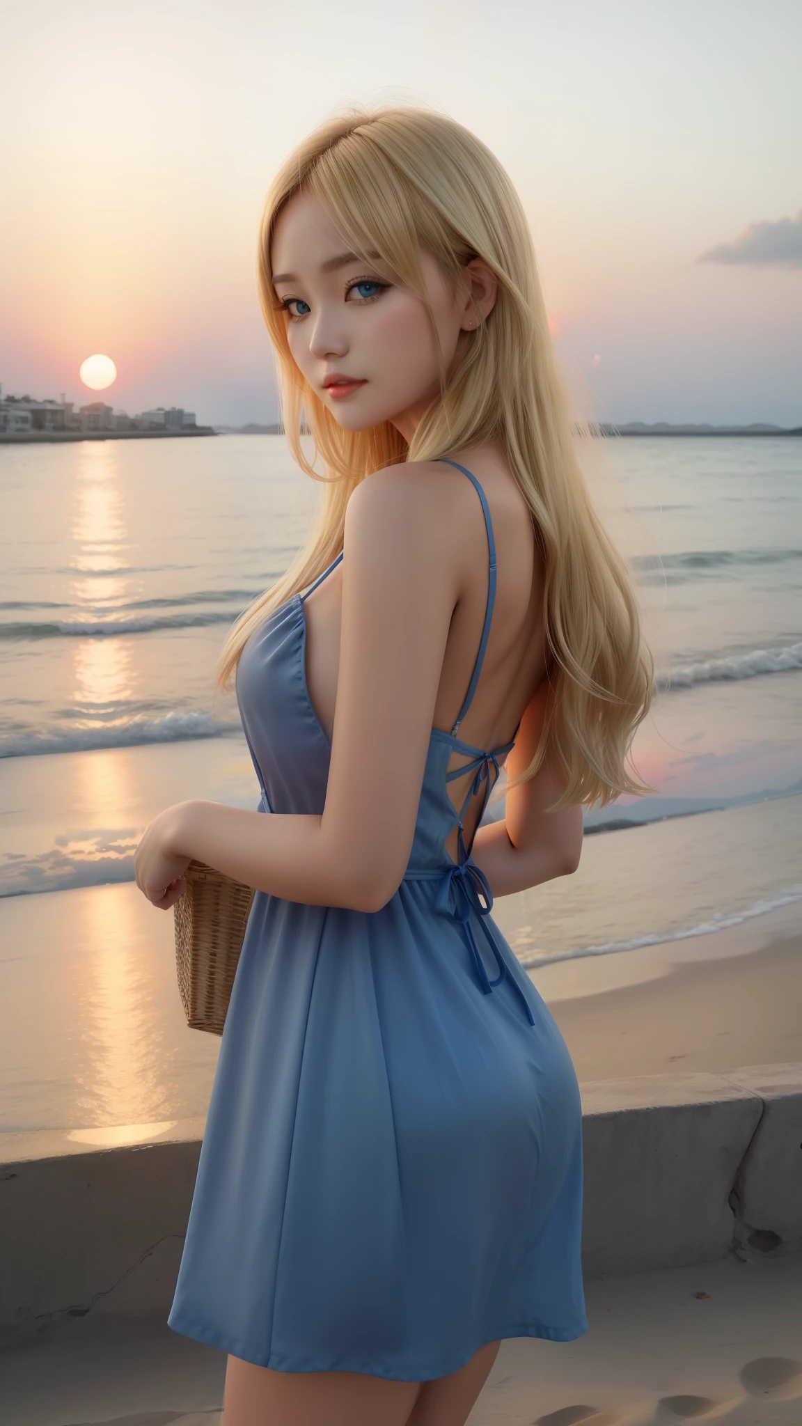 Dressed in a blue dress Oriental Sunset background Blonde