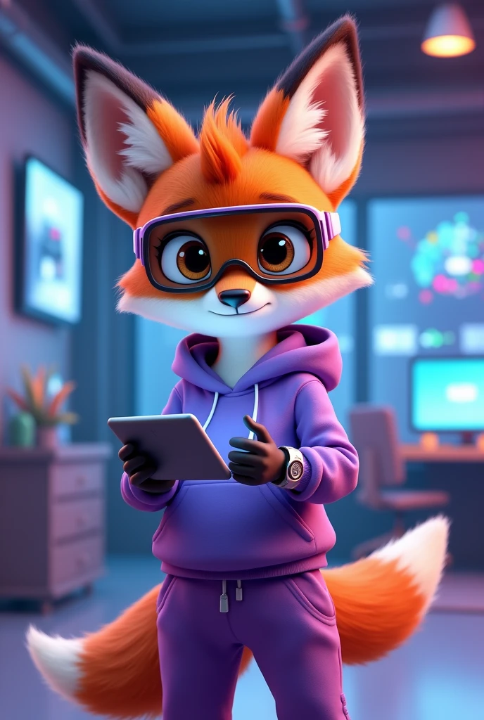Create a 3D Disney Pixar style young fox named Fluffy, with a modern and technological look. She should have vibrant orange fur with white spots on her belly and paws., with big, expressive eyes and cute ears. Fofinha must be dressed and equipped with accessories that reflect a young and modern style in the technology area:
vestimentas:
A set of technological and stylish clothing, consisting of a plain purple hoodie without prints, with a minimalist design and subtle details, paired with coordinating purple jogger pants, also without prints and with a modern finish.
Accessories to be included:
A pair of augmented reality glasses (midair) with a sophisticated design and holographic lenses.
A state-of-the-art smartwatch with an interactive display and a stylish wristband.
Wireless headphones with a sleek, modern design, maybe with LED lighting.
A small portable device, like a futuristic design tablet, that she may be holding or using.
A pair of sneakers with LED or holographic details, that light up in different colors.
Cute must be in a dynamic pose, talvez interagindo com um dispositivo tecnológico ou ajustando os óculos midair. The background should be a technological and futuristic environment, as a high-tech office with digital panels and LED lighting, or a creative coworking space with a modern aesthetic.