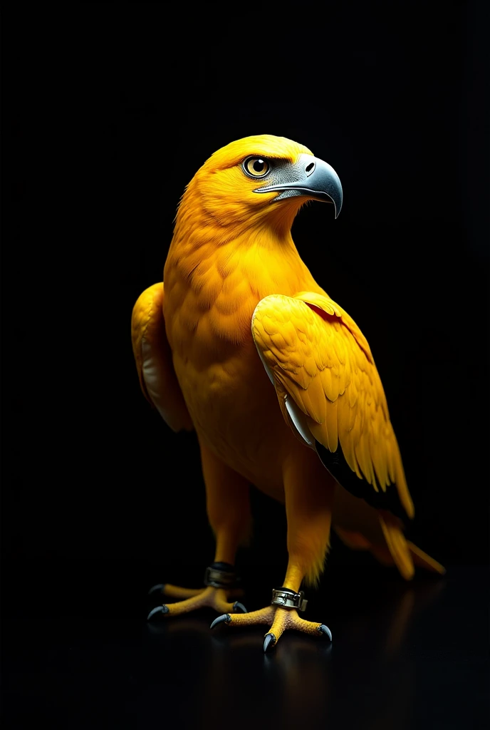 Yellow hawk animal of championship team standing facing camera and looking aside with black background