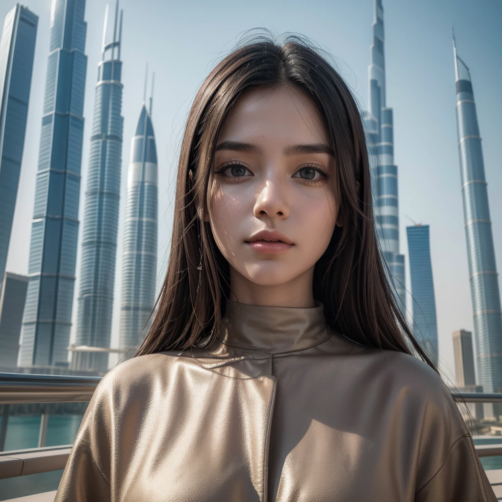 High quality photography, Portrait Style, hyper realistic, women, background is the burj khalifa, extreme detail.