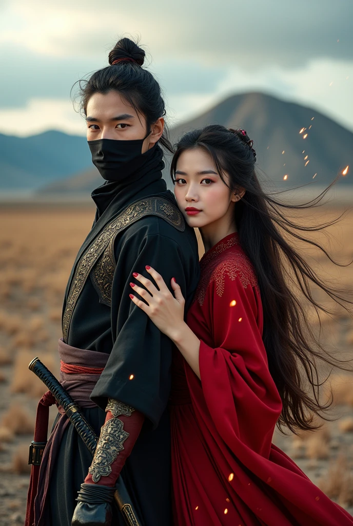 professional photo, portrait of a handsome 19 year old Korean man with hair in a bun, wearing a sninobi costume complete with , with his mouth covered in a black veil, red eyes on the right side and blue on the left side standing with a sharp gaze, behind his back is a katana sword, standing with a beautiful woman with long, flowing hair, a charming face, luscious red lips, beautiful eyes of the same color, wearing the same costume, complete with an iron-armor visor, her loose hair flying in the gentle breeze, the beautiful woman smiled sincerely with one hand. holding the man's shoulder, the background is a barren field with a high hill behind them, the picture is very realistic, with the effects of sparks and wind and flying dust, the picture has a slight 3-dimensional touch, very interesting, extraordinary picture, cinematic , photographic