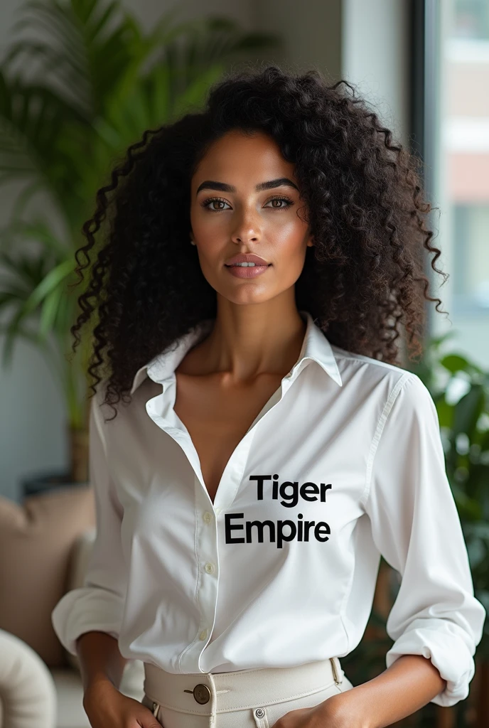 Caucasian female, freckles, brown eyes and beautiful, realistic black curly hair, wearing a work dress shirt without a neckline,printed on the shirt on the left side of the chest "Tiger Empire" , and that she has