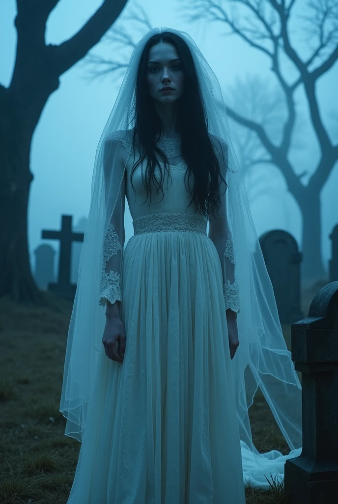 "A dark fantasy scene inspired by 1980s live-action films, featuring a human actress portraying the  Bride. She has pale, blue-tinted skin, large expressive eyes, and long, dark hair. The actress wears a tattered wedding gown with a delicate veil, and the scene is set in a foggy graveyard with twisted trees and old tombstones. The lighting is cold and eerie, with a bluish glow that highlights her ghostly appearance. The colors are muted, focusing on cool blues and greys, with deep shadows creating a gothic atmosphere. The scene has a soft, filmic quality, reminiscent of classic fantasy films, blending dark beauty with a haunting mood."